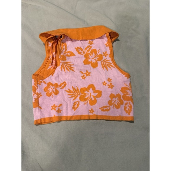 Women's Cropped Jacquard Polo Sweater Tank Top - Wild Fable Pink Tropical M - Picture 4 of 4